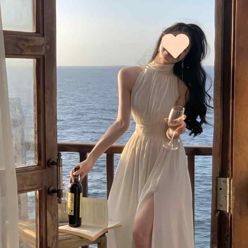 ワンピース レディース 夏用 無袖 ハーフハイネック フレンチ スリット ロング 高級感 フェミニン スタイル エレガント 軽やか 柔らかい シルエット 膝下丈