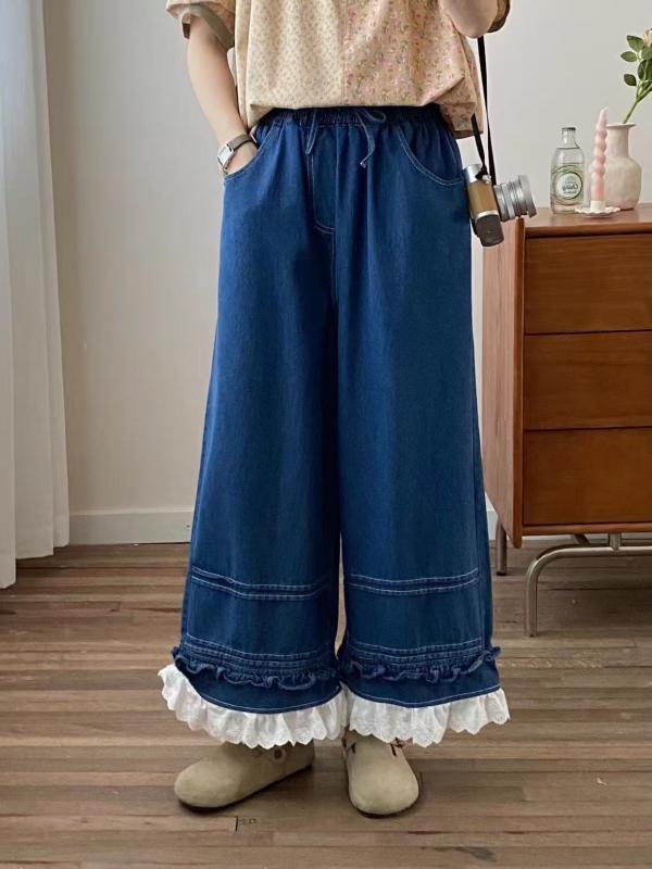 レディース デニムパンツ 春 ワイドレッグ ストレート ゆったり 裾フリル レース ナチュラル 森ガール 普段使い カジュアル ベーシック デニム素材 軽量 伸縮性