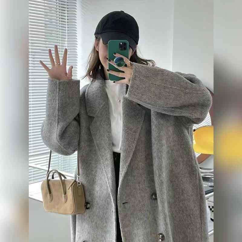 コート レディース 秋冬 ウール 中長丈 ダブルブレスト ゆったり フィット 小柄対応 スタンドカラー ベーシック アウター 暖か 軽量 日常使い ブラック グレー ベージュ｜サポートシェアグローバル