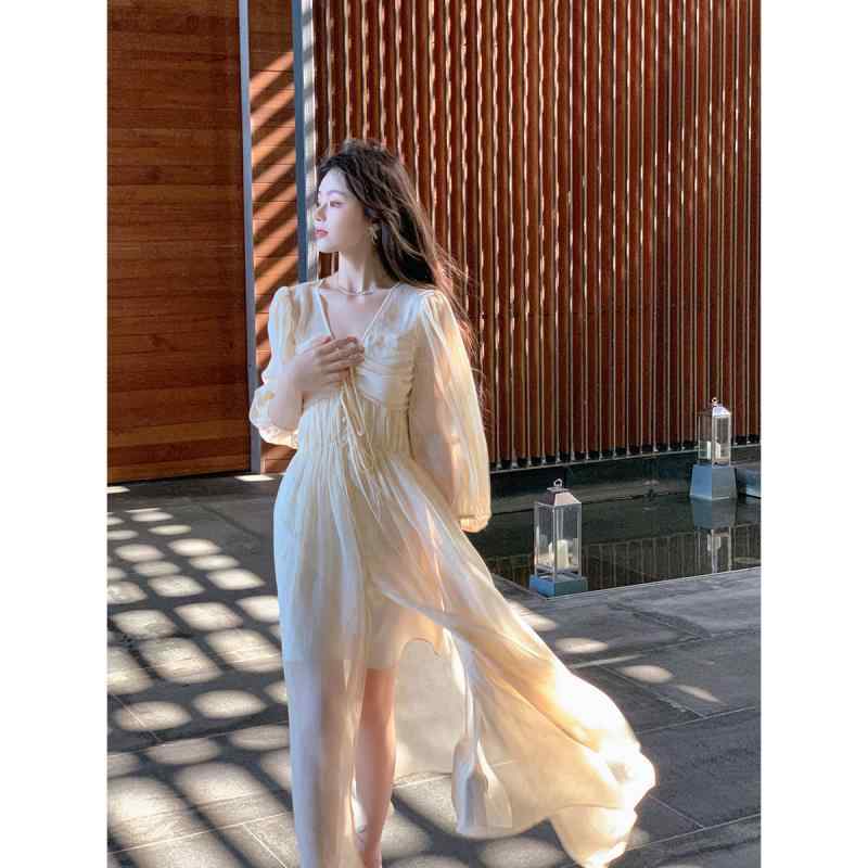 ワンピース レディース ゆったり 大きいサイズ 体型カバー 春夏 Vネック パフスリーブ 花柄 ロング丈 2点セット キャミソールワンピ ノースリーブ イエロー系 きれいめ カジュアル フェミニン ふんわり お出かけ用 普段使い デート用 リゾート用 エ|サポートシェアグローバル
