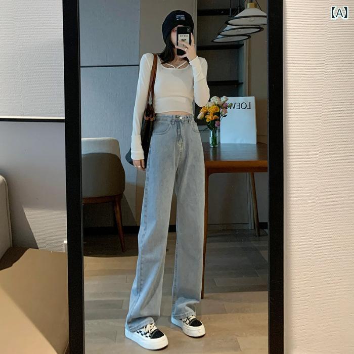 レディース デニムパンツ ハイウエスト ワイドレッグ ライトカラー 春秋 ゆったり ストレート フルレングス 痩せ見え 肉カバー 小柄対応 カジュアル 普段使い デニム素材 ルーズフィット|サポートシェアグローバル