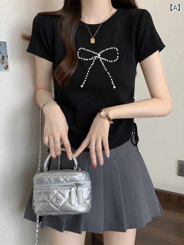 レディース 夏用 ニットトップス 甘美優しい デザイン 蝶結び ラウンドネック スリムフィット ショートスリーブ 軽量 コットン混 普段使い｜サポートシェアグローバル