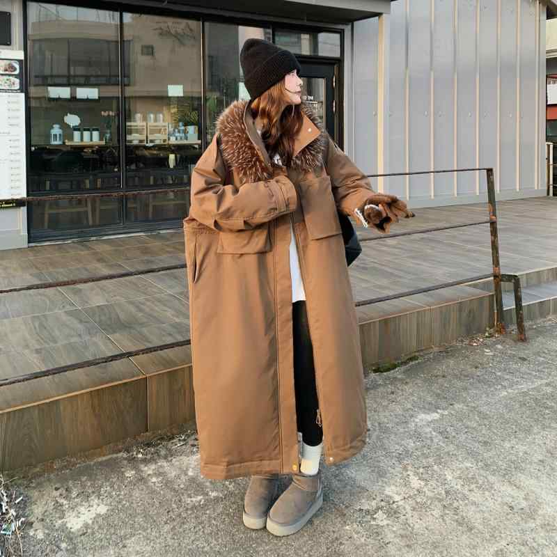 レディース ダウンコート カーゴスタイル 大毛フード パーカー風 ロング丈 膝下丈 厚手 暖か 冬用 アウター ミリタリー フード付き 防風 軽量 かわいい|サポートシェアグローバル