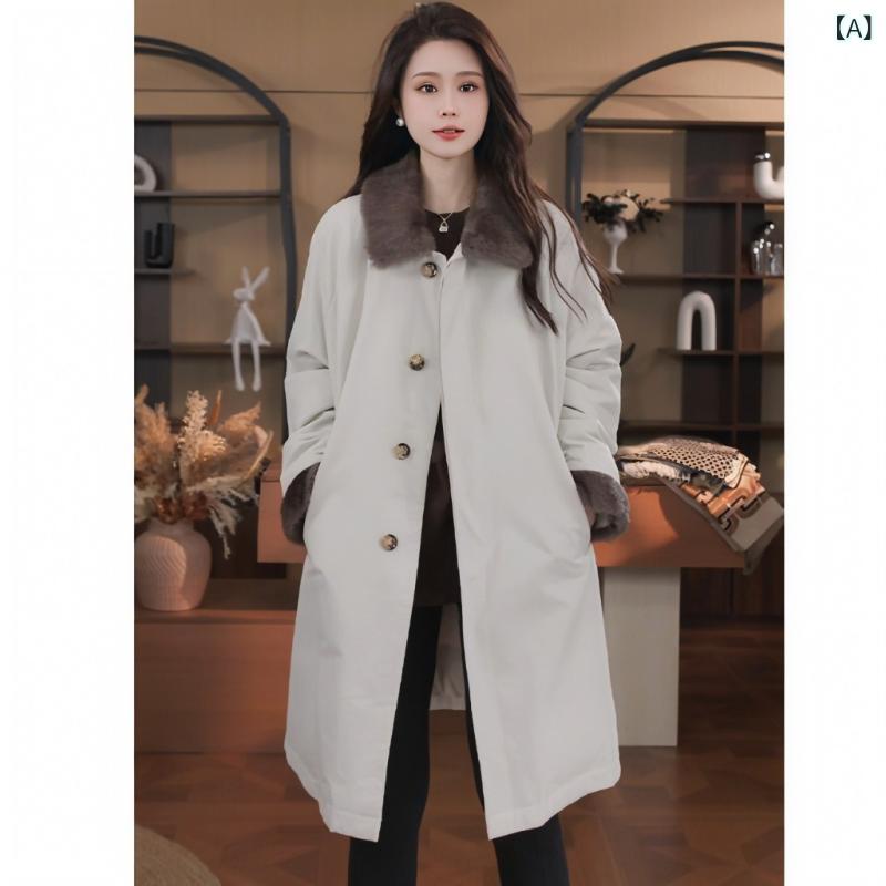 レ トロ シングル ブレスト トレンチコートダウンジャケットレディースミドル 丈 冬服 プチファッション 軽量 高級 ファー カラー パーカー|サポートシェアグローバル