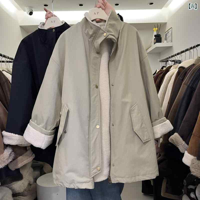 2025 冬 スタンドカラーパーカートレンチコート ラムウール 真っただ中 丈 朦々たる 生あたたかい 中綿 上衣 レディース