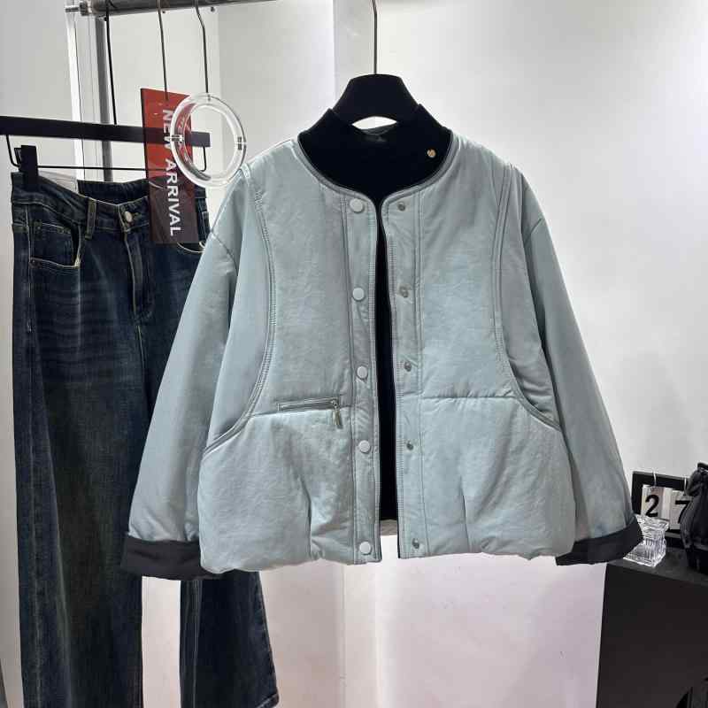 レディース 秋冬 韓国 ツートンカラー ラウンドネック 中綿コート 小柄向け ゆったり スタイリッシュ 軽量 薄手 コットン混 日常使い｜サポートシェアグローバル