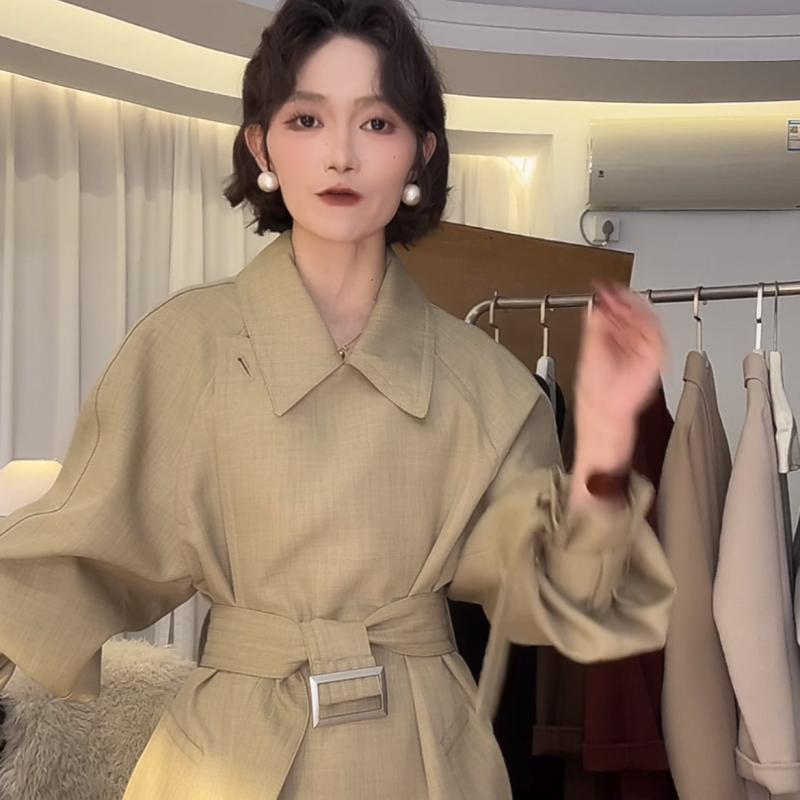 レディース トレンチコート 春 レトロ 御前上等感 ゆったり か細い ラペル 中長丈 膝下丈 ビンテージ 雅びやか 表現スタイル引きあげる アウター 軽さ 通風好いたらしい