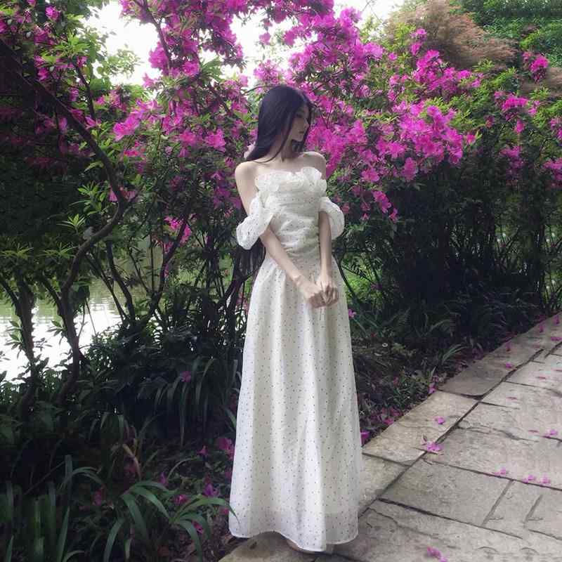 衣装 レディース 夏 ロング 収腰 一文字肩 立体フラウンス レトロ 水玉 点点 柄 二way 着付ける 音の大きさ 袖なし 軽さ 吸湿速乾 通い 普段使い走り 心地好い 表現スタイル