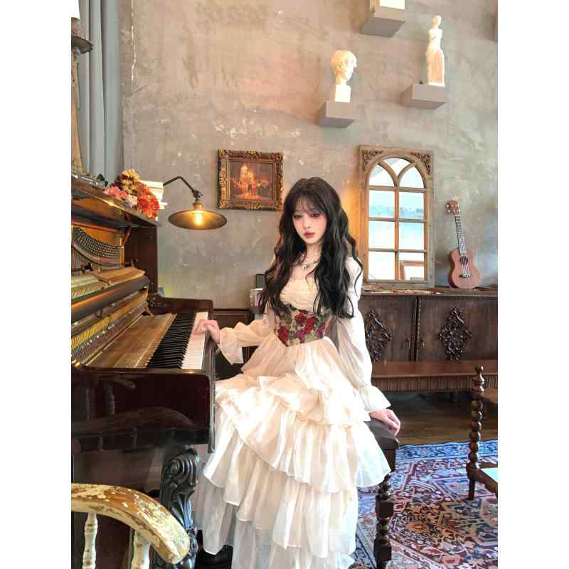 レディース 長袖 衣裳 フレンチ レトロ 油彩柄 姫御前伝達ルート スコート 表現スタイル 愛くるしい ひな形 亭主もち用 日常使い走り 口さかしいな 影ぼうし