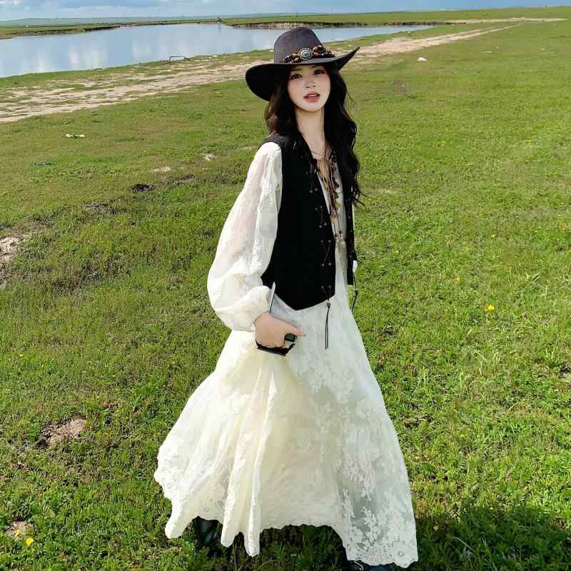 衣装 レディース ボヘミアン風 白いこと スピード競技 長袖 ロング丈 春 雅びやか 女子らしい より良い 2点仕掛ける 心地よい 普段使い走り エスニック 表現スタイル 口さかしい 青写真