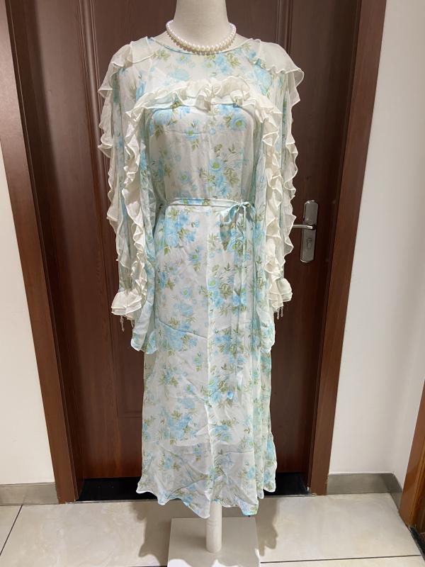 レディース ワンピース 長袖 中長丈 フリル レイヤード 水晶 タッセル シルク フェミニン エレガント ガーリー ドレス 膝丈 女性用 柔らかい素材 軽量 伸縮性｜サポートシェアグローバル