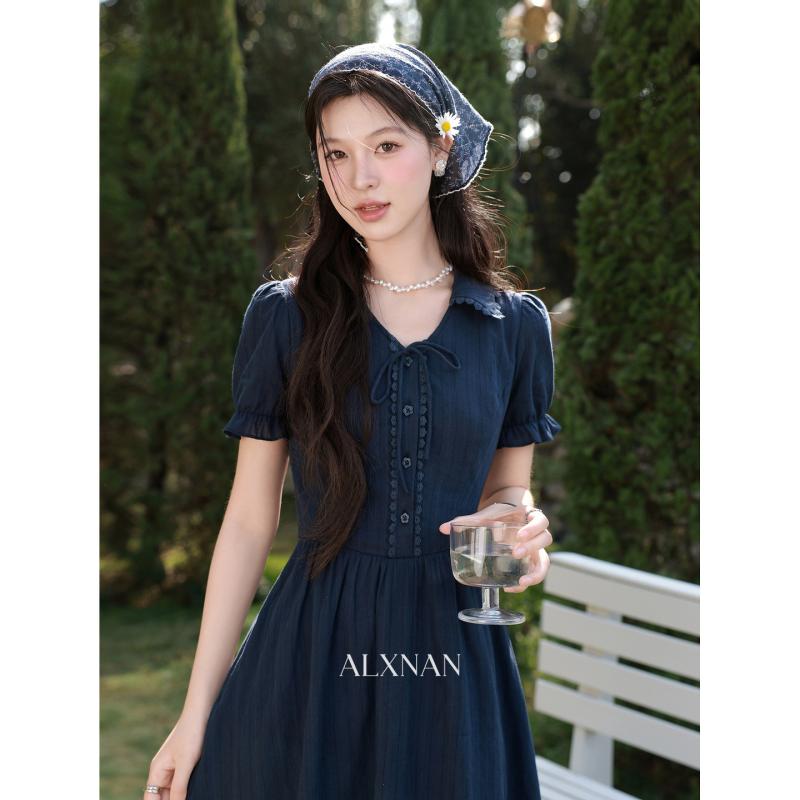 ワンピース レディース 春夏 ネイビー 紺色 フランス風 パフスリーブ 半袖 ひざ丈 膝丈 Aライン フレア 通勤用 通学用 普段使い デート お呼ばれ 上品 高級感 きれいめ フェミニン エレガント 清楚 クラシック 華やか 涼しい 通気性 柔らかい ｜サポートシェアグローバル