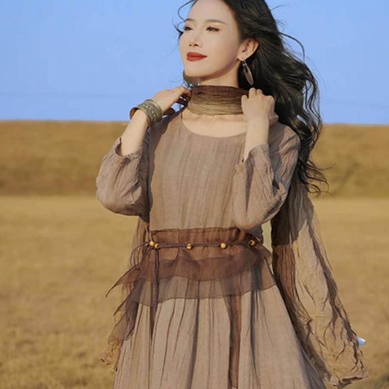 ワンピース レディース ブラウン レトロ 麻 リネン ドレス 膝丈 ミモレ丈 Aライン 体型カバー ゆったり 大きいサイズ ナチュラル シンプル 高級感 上品 きれいめ カジュアル デイリー 普段使い お出かけ 涼しい 通気性 柔らかい 軽やか 大人かわ|サポートシェアグローバル