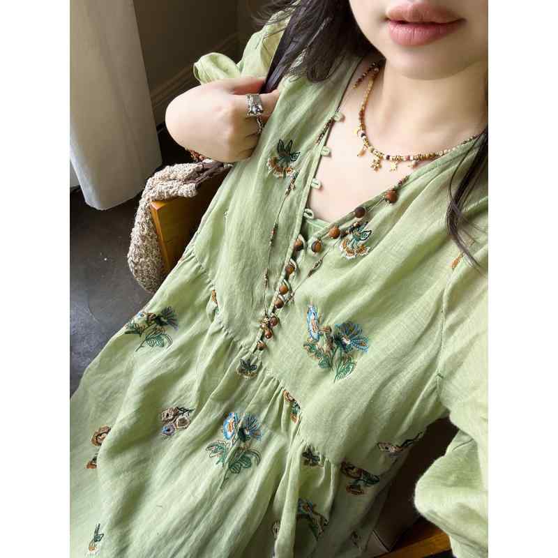 ワンピース レディース 大きいサイズ 体型カバー ドレス チャイナドレス ロング丈 花柄 刺繍 ?麻 リネン 緑色 切り替え ゆったり 着痩せ お腹周り 二の腕カバー 高級感 ナチュラル ふんわり シルエット エレガント 上品 長袖 通勤用 通学用 普段｜サポートシェアグローバル