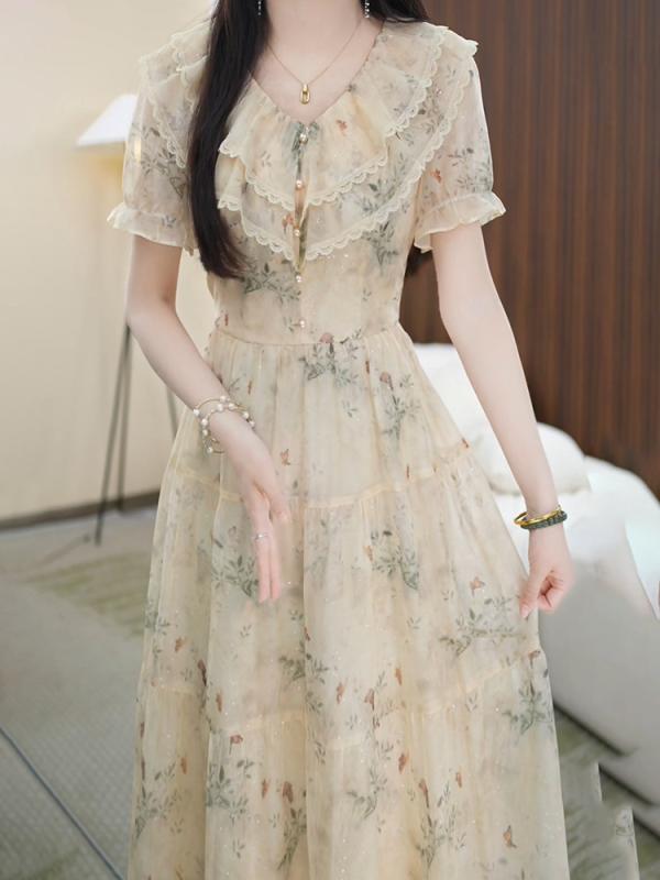 ワンピース レディース 春夏 シフォン 花柄 ドレス ミモレ丈 ロング丈 Aライン ゆったり 体型カバー 着痩せ 細見え 綺麗め フェミニン エレガント 高級感 軽やか 通気性 柔らかい 涼しい 通勤 通学 普段使い お出かけ 上品 大人かわいい 長袖 ｜サポートシェアグローバル
