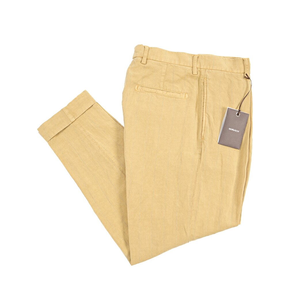 【SUMMER SALE】【半額以下】 ベルウィッチ BERWICH CHIAIA-GD 1P キアイア 麻混スラックス ワンタック インプリーツ パンツ 春夏 メンズ リヨセル リネン ポリエステル ストライプ ベージュ イタリア ブランド MADE IN ITALY ｜ガルダローバミラノ
