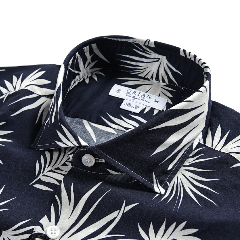 訳ありセール オリアン Orian Vintage Classic Slim Fit ドレスシャツ カジュアルシャツ ホリゾンタルカラー 長袖 メンズ コットン 100 ボタニカル ネイビー イタリア ブランド Made In Italy サイズ M L Caona Com Do