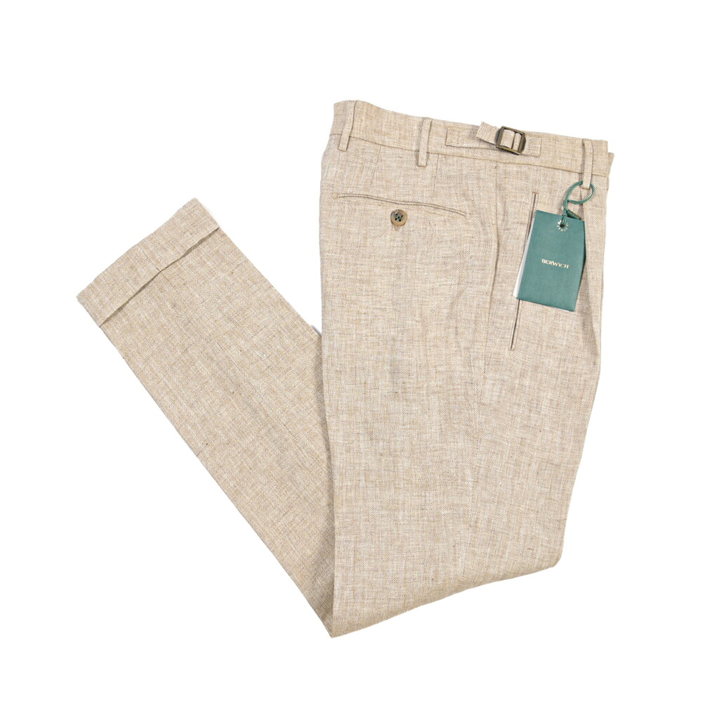 【SUMMER SALE】【半額以下】 ベルウィッチ BERWICH RETRO 1P レトロ 麻スラックス ワンタック パンツ サイドアジャストベルト 春夏 メンズ リネン 100% ヘリンボーン ベージュ イタリア ブランド MADE IN ITALY |ガルダローバミラノ