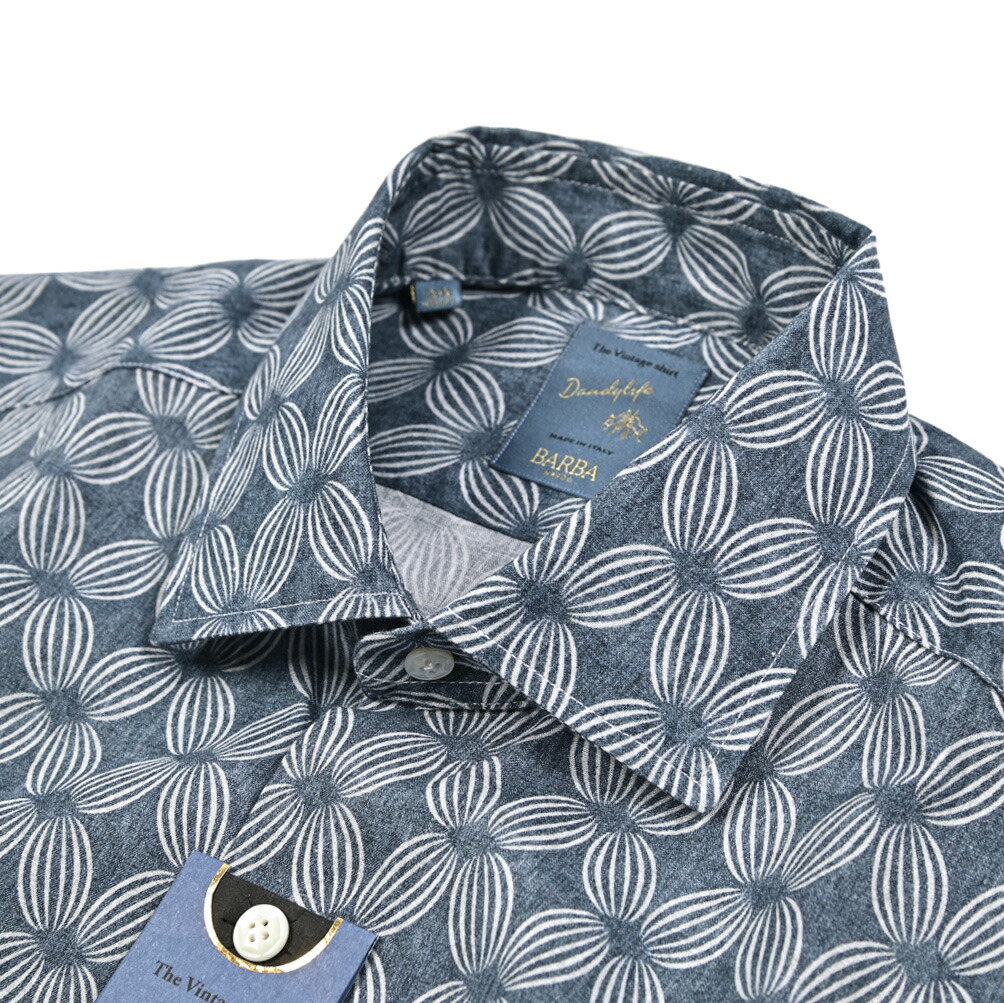 【春夏先行セール】【半額以下】 バルバ BARBA DANDYLIFE The Vintage Shirt 麻混 ドレスシャツ ワイシャツ カジュアルシャツ ワイドカラー 長袖 メンズ リネン コットン 総柄 ブルー イタリア ブランド MADE IN ITALY