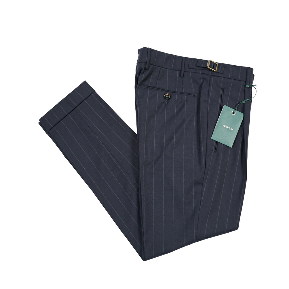 【SUMMER SALE】【半額以下】 ベルウィッチ BERWICH RETRO 1P レトロ スラックス ワンタック パンツ サイドアジャストベルト 春夏 メンズ ヴァージンウール 100% ナチュラルストレッチ ストライプ ネイビー イタリア ブランド MADE IN ITALY |ガルダローバミラノ