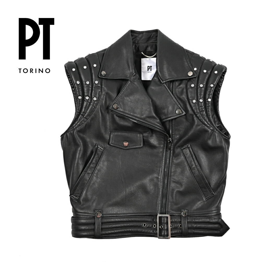 【SALE】 ピーティートリノ PT TORINO ダブルレザーライダース ベスト 秋冬 春 3シーズン レディース レザー 100% ブラック イタリア ブランド MADE IN ITALY PT01