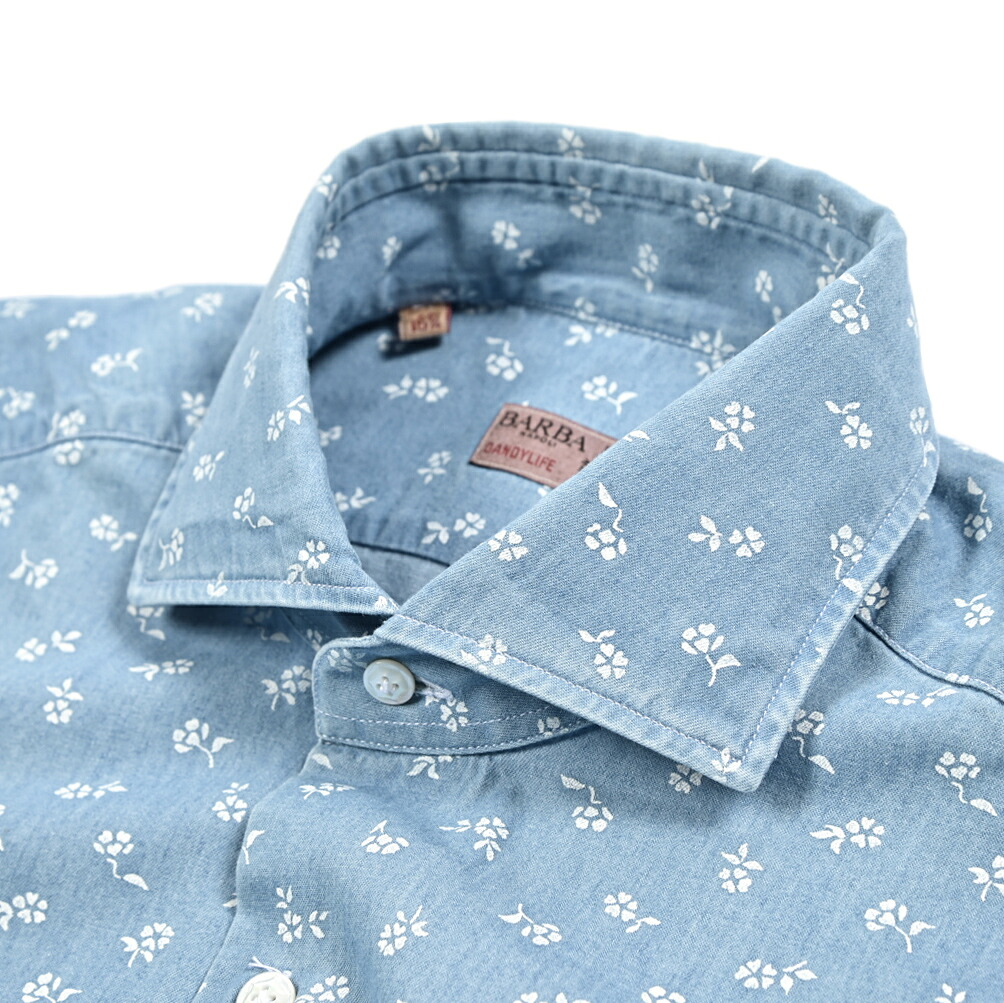 【春夏先行セール】【半額以下】 バルバ BARBA DANDYLIFE DENIM デニムシャツ ドレスシャツ カジュアルシャツ ホリゾンタルカラー 長袖 メンズ コットン 100% ボタニカル 総柄 ブルー イタリア ブランド MADE IN ITALY