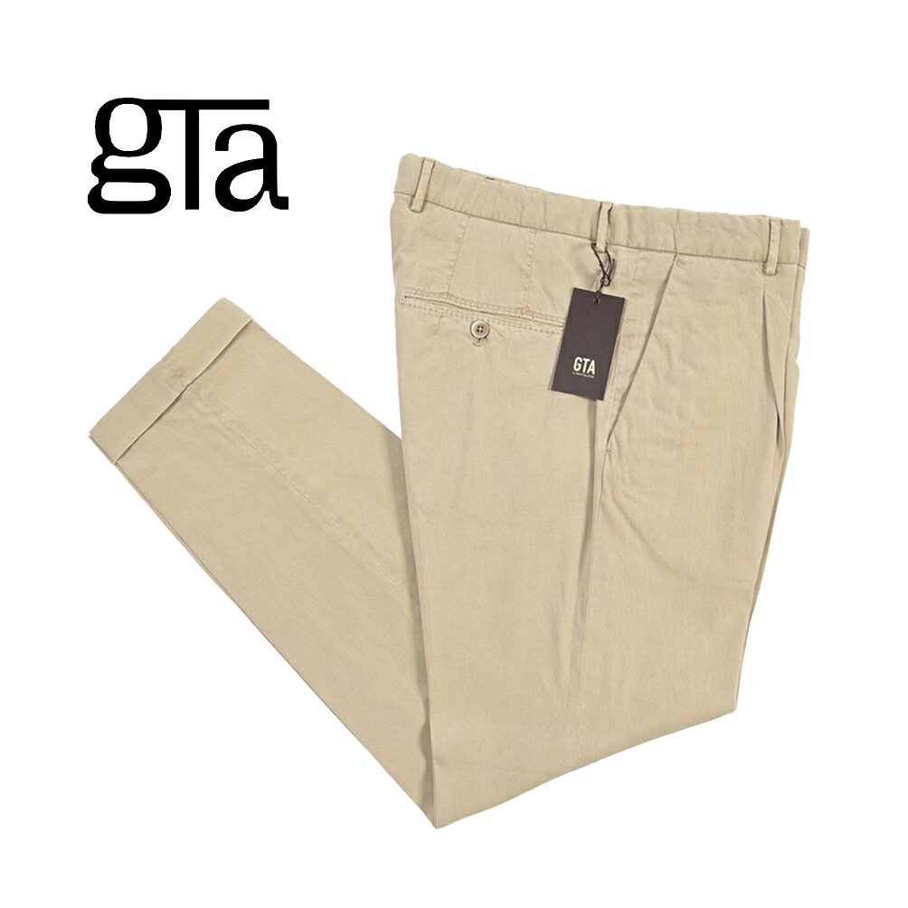 【SUMMER SALE】【40％OFF】 ジーティーアー GTA 772 SLIM スリム コットンスラックス ワンタック チノ パンツ 春夏 メンズ ライクラ コットン ストレッチ ベージュ イタリア ブランド ｜ガルダローバミラノ