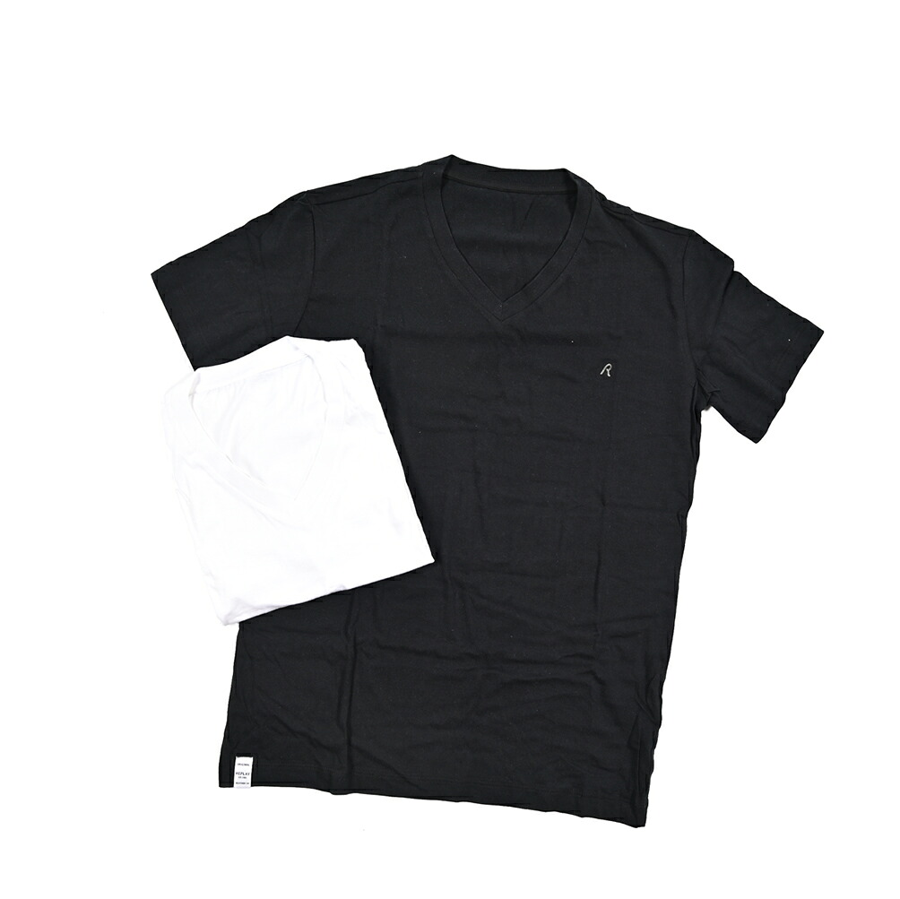 【SUMMER SALE】【半額以下】 リプレイ REPLAY TWOPACK T-SHIRT Tシャツ カットソー 半袖 Vネック 2枚セット 春夏 メンズ REGULAR FIT レギュラーフィット コットン 100% ワンポイントロゴ ブラック ホワイト イタリア ブランド ｜ガルダローバミラノ