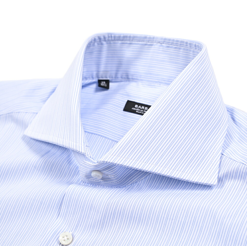 【春夏先行セール】【半額以下】 バルバ BARBA ドレスシャツ ワイシャツ カッタウェイ ホリゾンタルカラー 長袖 メンズ cucito a mano 手縫い仕立て コットン 100% ストライプ ライトブルー イタリア ブランド MADE IN ITALY