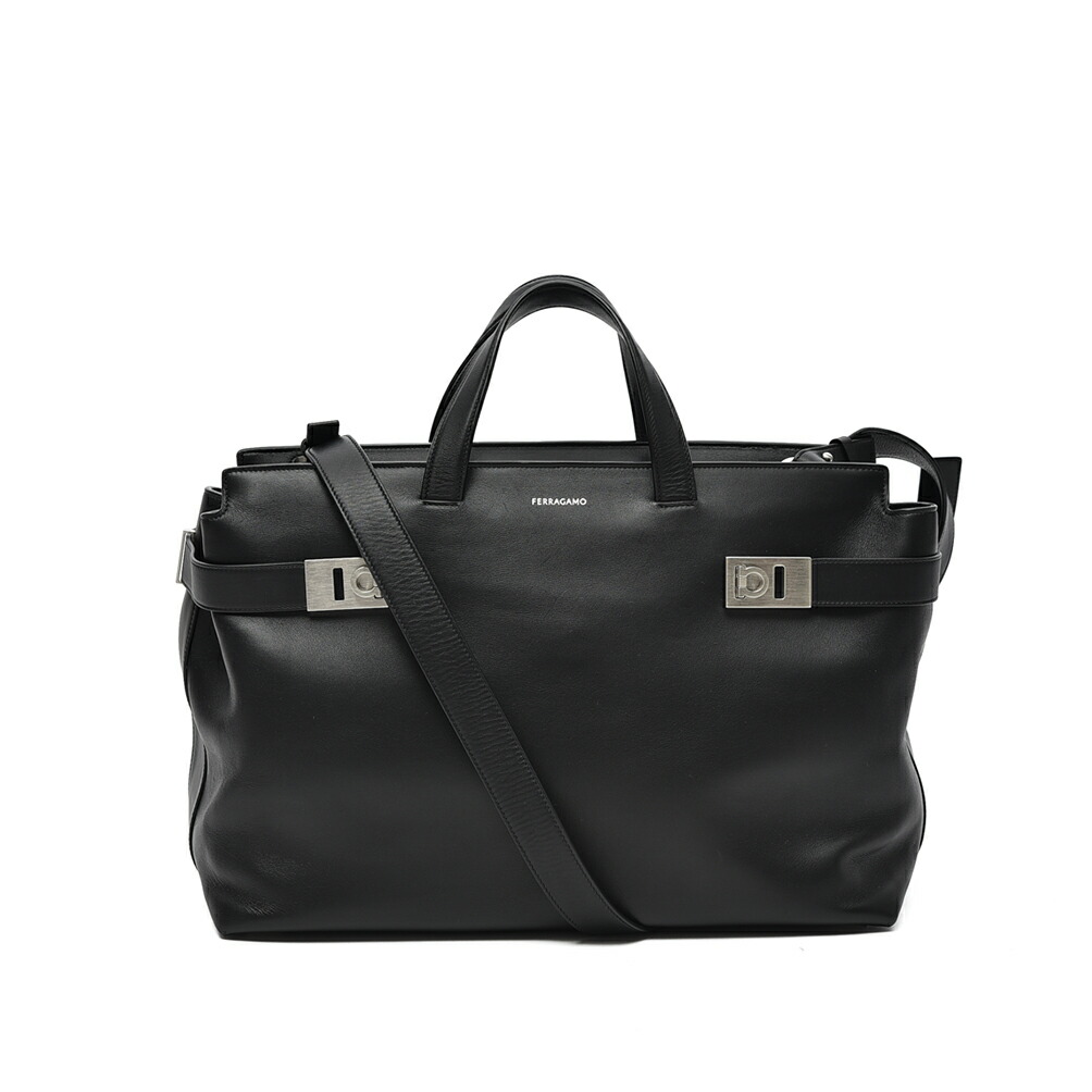 【SALE】 フェラガモ FERRAGAMO 2way 横型トートバッグ ショルダーストラップ付き A4収納可 メンズ カーフレザー ガンチーニ ブラック イタリア ブランド MADE IN ITALY