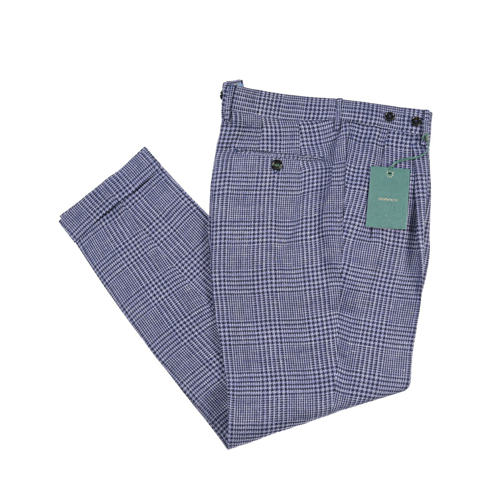 【SUMMER SALE】【半額以下】 ベルウィッチ BERWICH BARBER 2P バーバー 麻スラックス ツータック パンツ 春夏 メンズ リネン 100% グレンチェック パープル イタリア ブランド MADE IN ITALY ｜ガルダローバミラノ