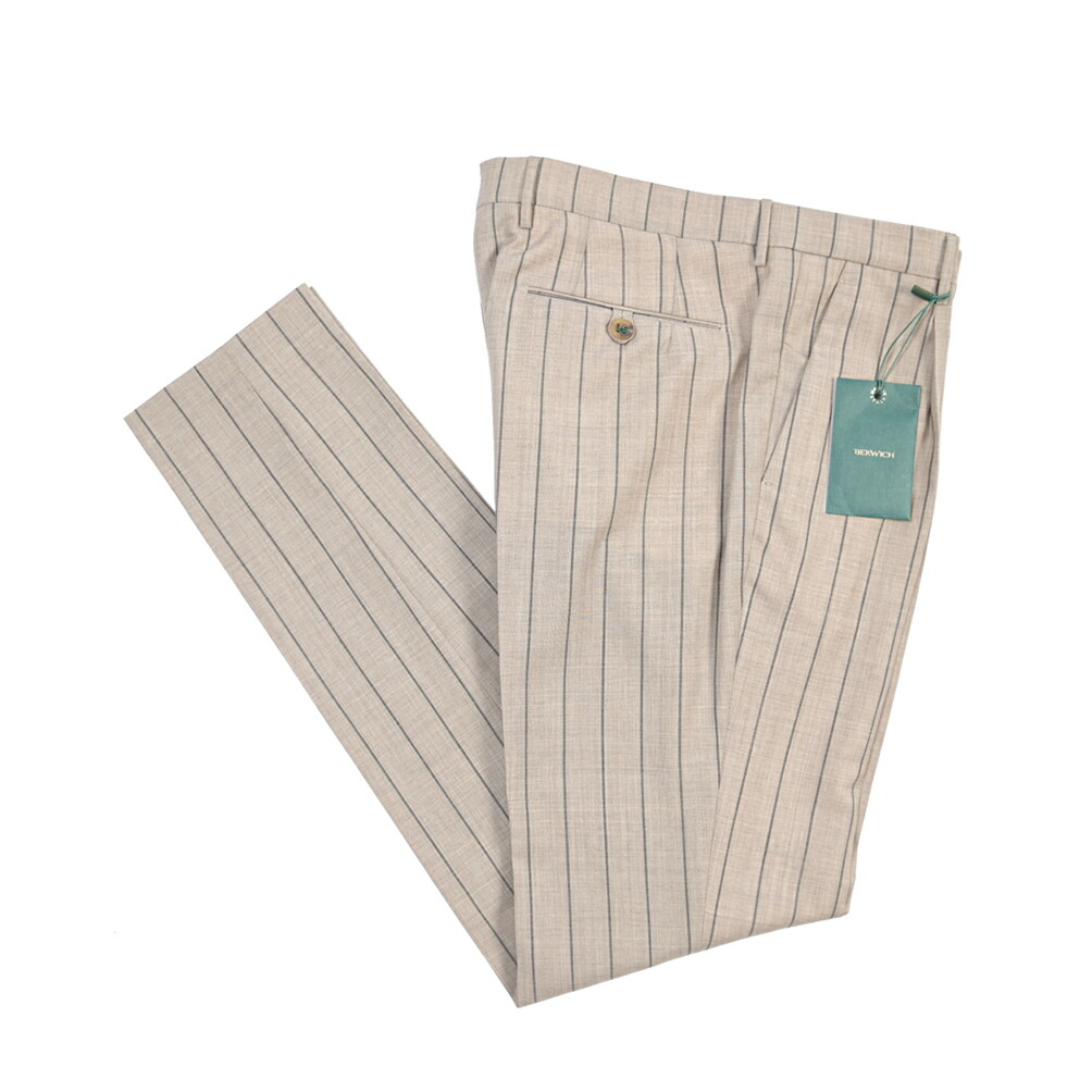 【SUMMER SALE】【半額以下】 ベルウィッチ BERWICH MORELLO 1P モレロ スラックス ワンタック パンツ 春夏 メンズ ヴァージンウール 100% ストライプ ライトブラウン イタリア ブランド MADE IN ITALY |ガルダローバミラノ