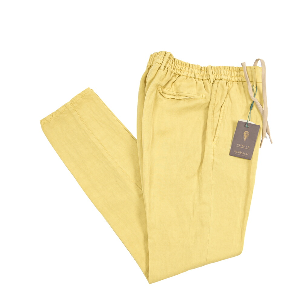 【SUMMER SALE】【半額以下】 ベルウィッチ BERWICH SPIAGGIA 1P-GD スピアッジア 麻混スラックス ワンタック イージーパンツ 春夏 メンズ リヨセル リネン イエロー イタリア ブランド MADE IN ITALY ｜ガルダローバミラノ 13,024円