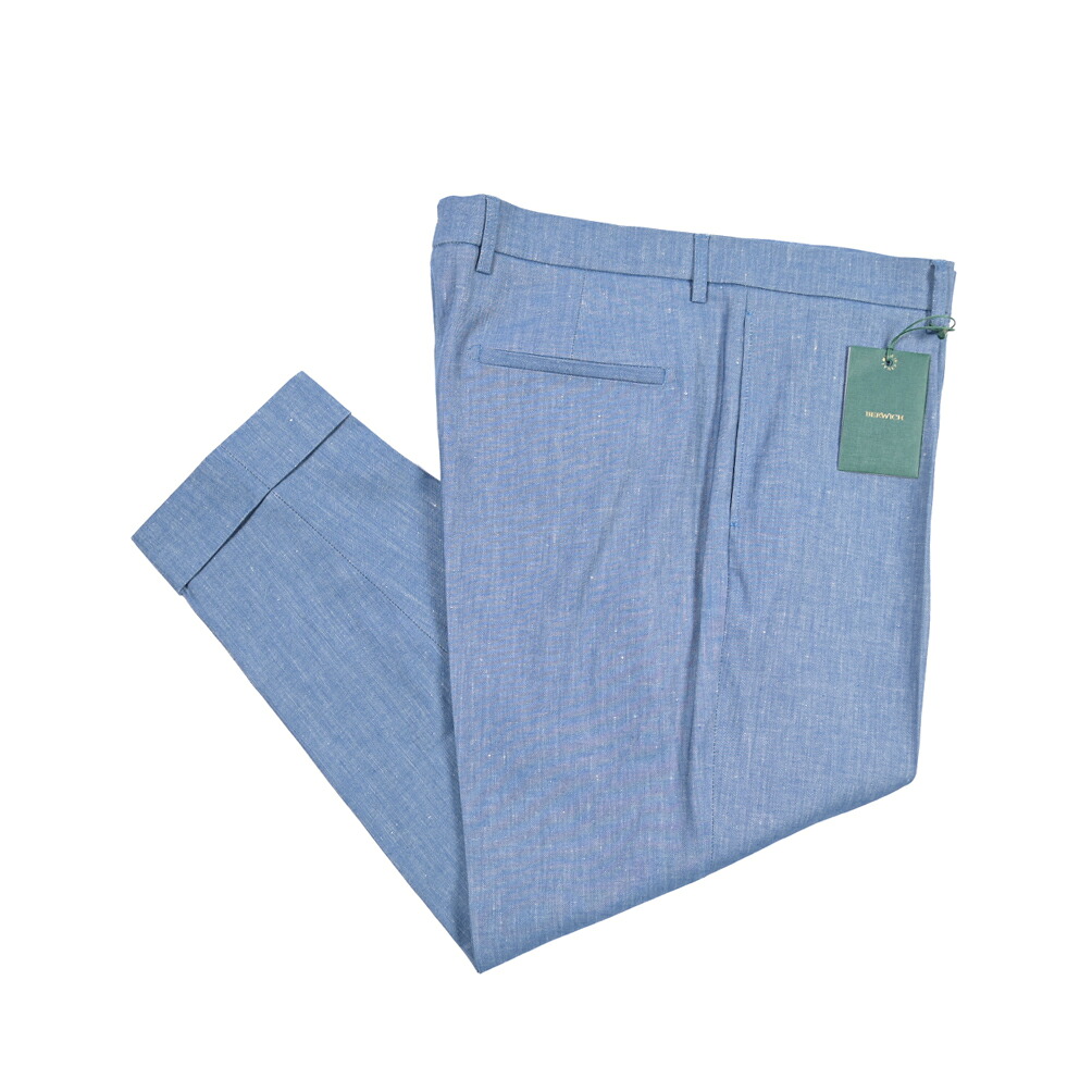 【SUMMER SALE】【半額以下】 ベルウィッチ BERWICH CHIAIA 1P キアイア 麻混スラックス ワンタック インプリーツ パンツ 春夏 メンズ リネン コットン ストレッチ ブルー イタリア ブランド MADE IN ITALY |ガルダローバミラノ
