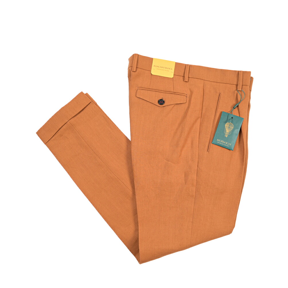 【SUMMER SALE】【半額以下】 ベルウィッチ BERWICH RETRO 1P レトロ 麻スラックス ワンタック パンツ 春夏 メンズ トロピカルリネン 100% オレンジ イタリア ブランド MADE IN ITALY |ガルダローバミラノ