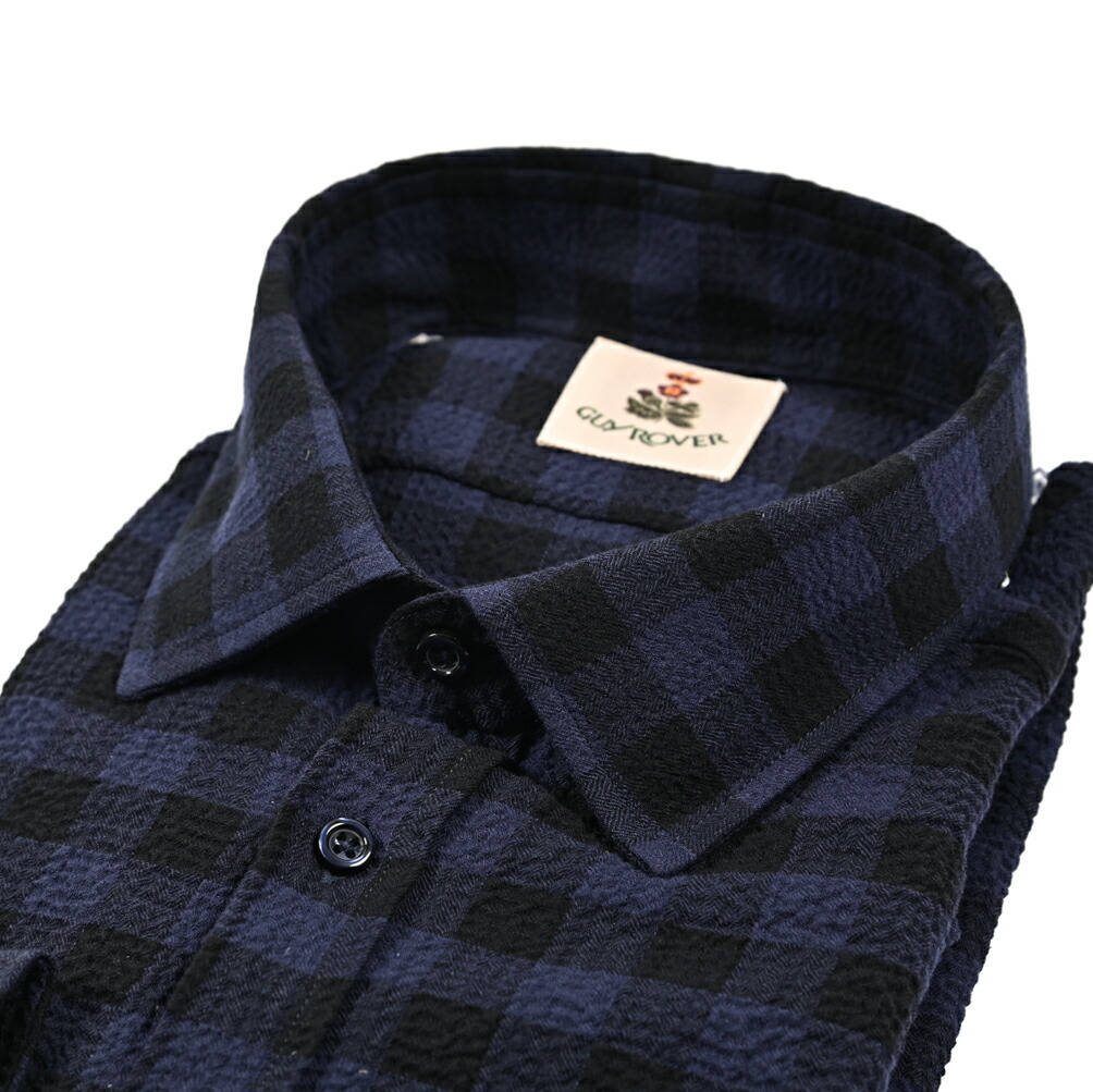 【SUMMER SALE】 ギローバー GUY ROVER ドレスシャツ カジュアルシャツ レギュラーカラー 長袖 メンズ シアサッカー コットンストレッチ チェック ネイビー イタリア ブランド MADE IN ITALY ｜ガルダローバミラノ