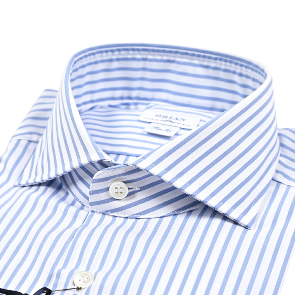 【SUMMER SALE】【半額以下】【P10倍】 オリアン ORIAN ドレスシャツ ワイシャツ ホリゾンタルカラー 長袖 メンズ Slim Fit スリムフィット コットンストレッチ ストライプ ホワイト ブルー イタリア ブランド MADE IN ITALY |ガルダローバミラノ