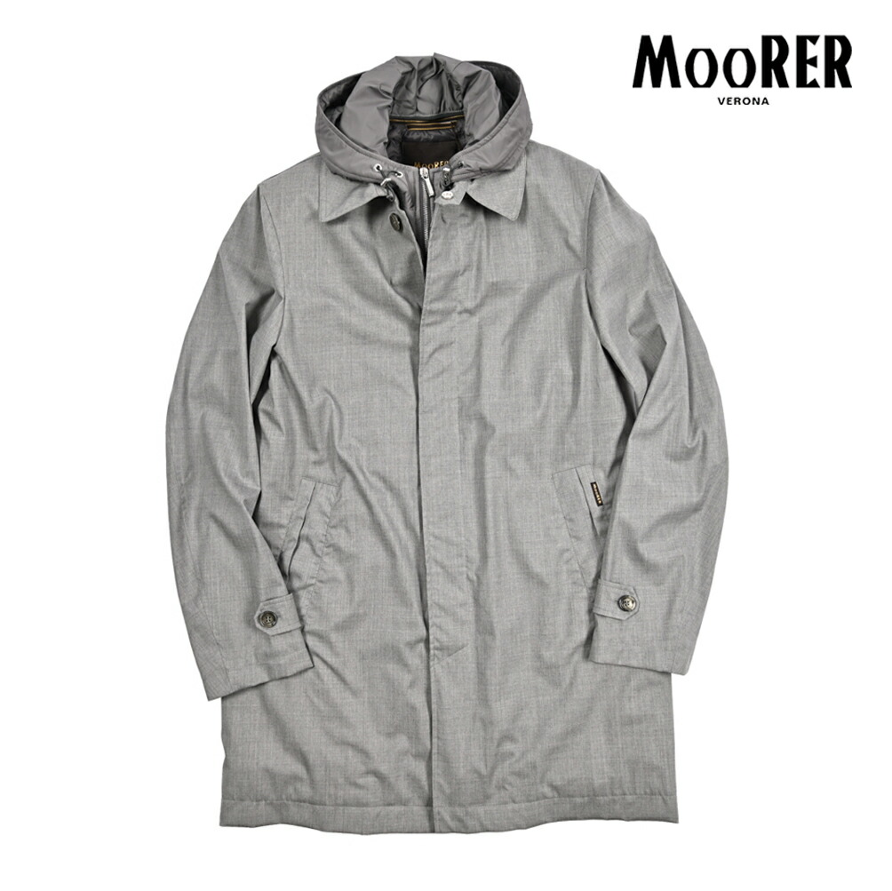 【春夏先行セール】【半額以下】 ムーレー MOORER EDWIN-L5 フード付き ダウンコート フライフロント ステンカラー 春 秋 3シーズン メンズ ライトアウター ACQUA PROOF 防水透湿 ウール シルク グレー イタリア ブランド MADE IN ITALY
