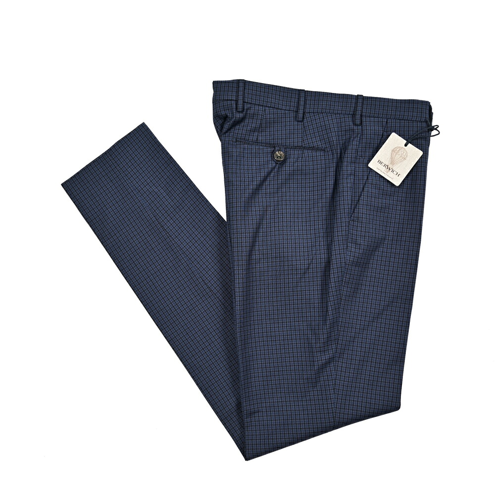 【SALE】【半額以下】 ベルウィッチ BERWICH MORELLO モレロ スラックス ノータック パンツ 春夏 メンズ ヴァージンウール 100% ナチュラルストレッチ チェック ネイビー イタリア ブランド MADE IN ITALY