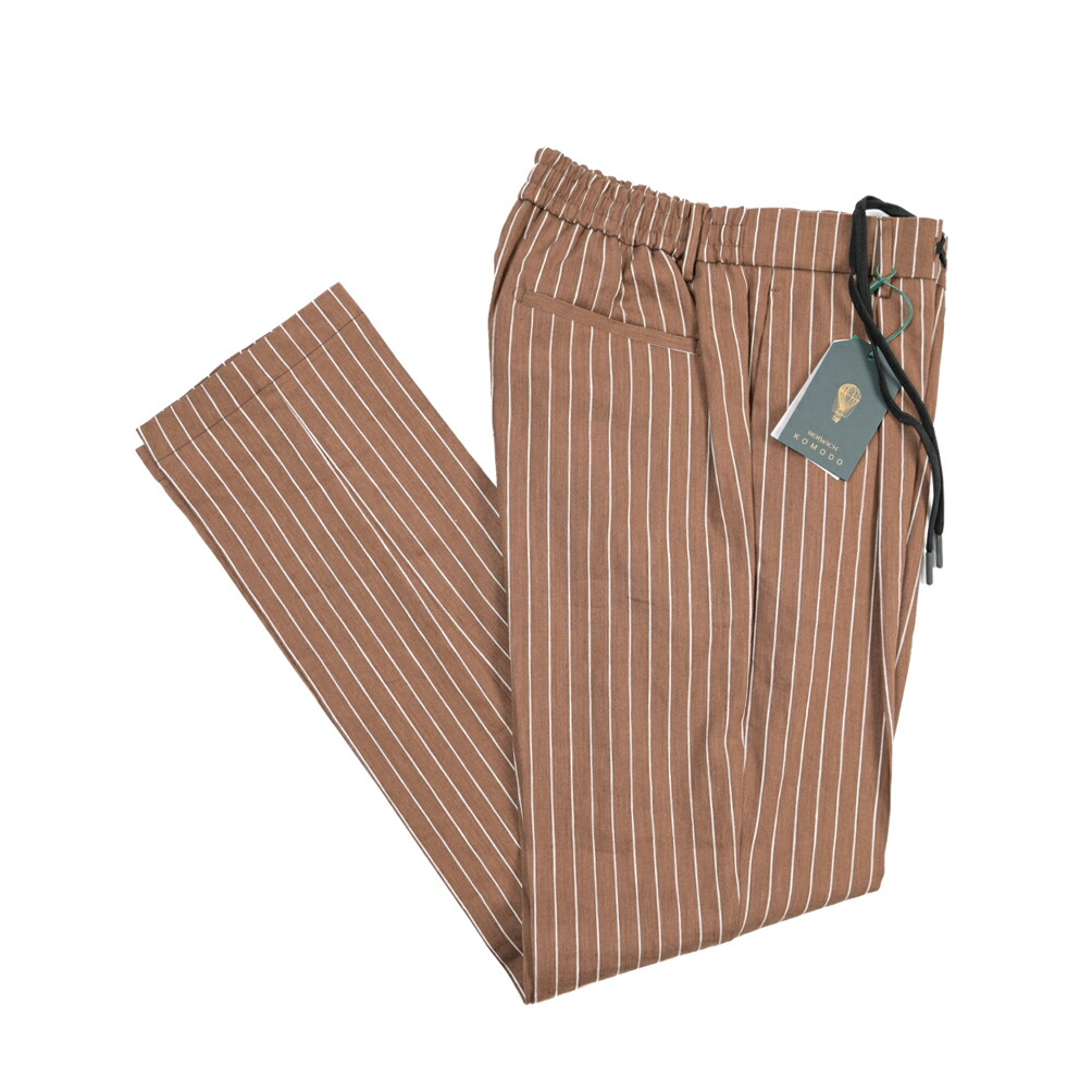 【SUMMER SALE】【半額以下】 ベルウィッチ BERWICH SPIAGGIA 1P スピアッジア 麻混スラックス ワンタック イージーパンツ 春夏 メンズ リネン リヨセル ストレッチ ストライプ ブラウン イタリア ブランド MADE IN ITALY ｜ガルダローバミラノ