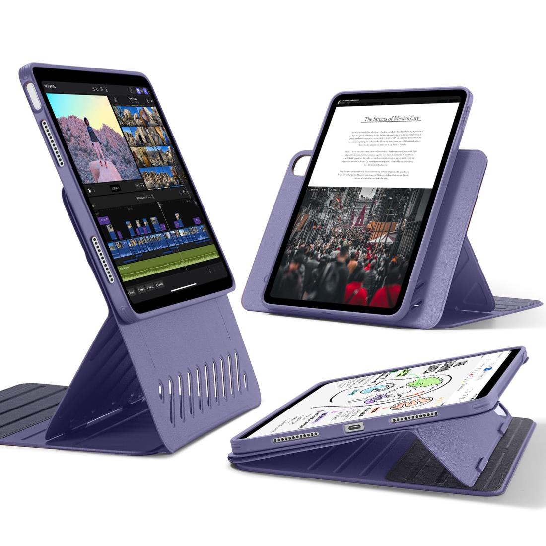 ESR iPad Air 11in(M2) 入れもの(2024)、iPad Air 第5/4時人 入れもの(2022/2020)専用 取りはらい能力のあるな磁石覆いかぶせる付き添い人回転させる式入れもの、縦方角/横向き照明ランプ、9座標軸の角度自然調整能力のある、Pencil Pro/USB-C完膚なきまで相応う、Shift続きもの、パープル