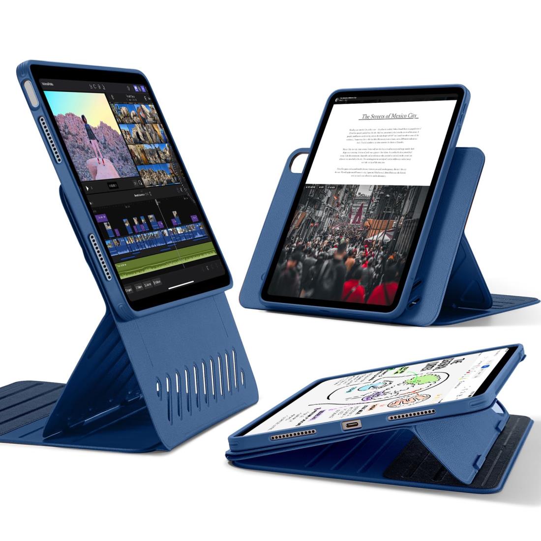 ESR iPad Air 11in(M2) 入れもの(2024)、iPad Air 第5/4時人 入れもの(2022/2020)専用 取りはらい能力のあるな磁石覆いかぶせる付き添い人回転させる式入れもの、縦方角/横向き照明ランプ、9座標軸の角度自然調整能力のある、Pencil Pro/USB-C完膚なきまで相応う、Shift続きもの、青み