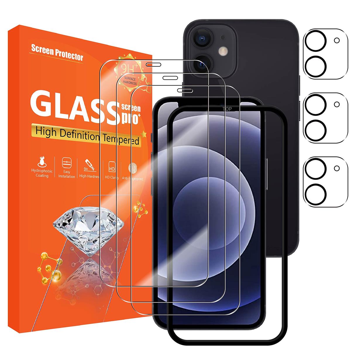 seninhi [3+3Pack] for Apple iphone 12 mini 5.4inch Screen Protector 3Pack + Camera Lens Protector 3Pack, Tempered Glass Screen Protector [With Easy Installation Frame] [9H Hardness] [Anti-Scratch] [Bubble Free]-Clear