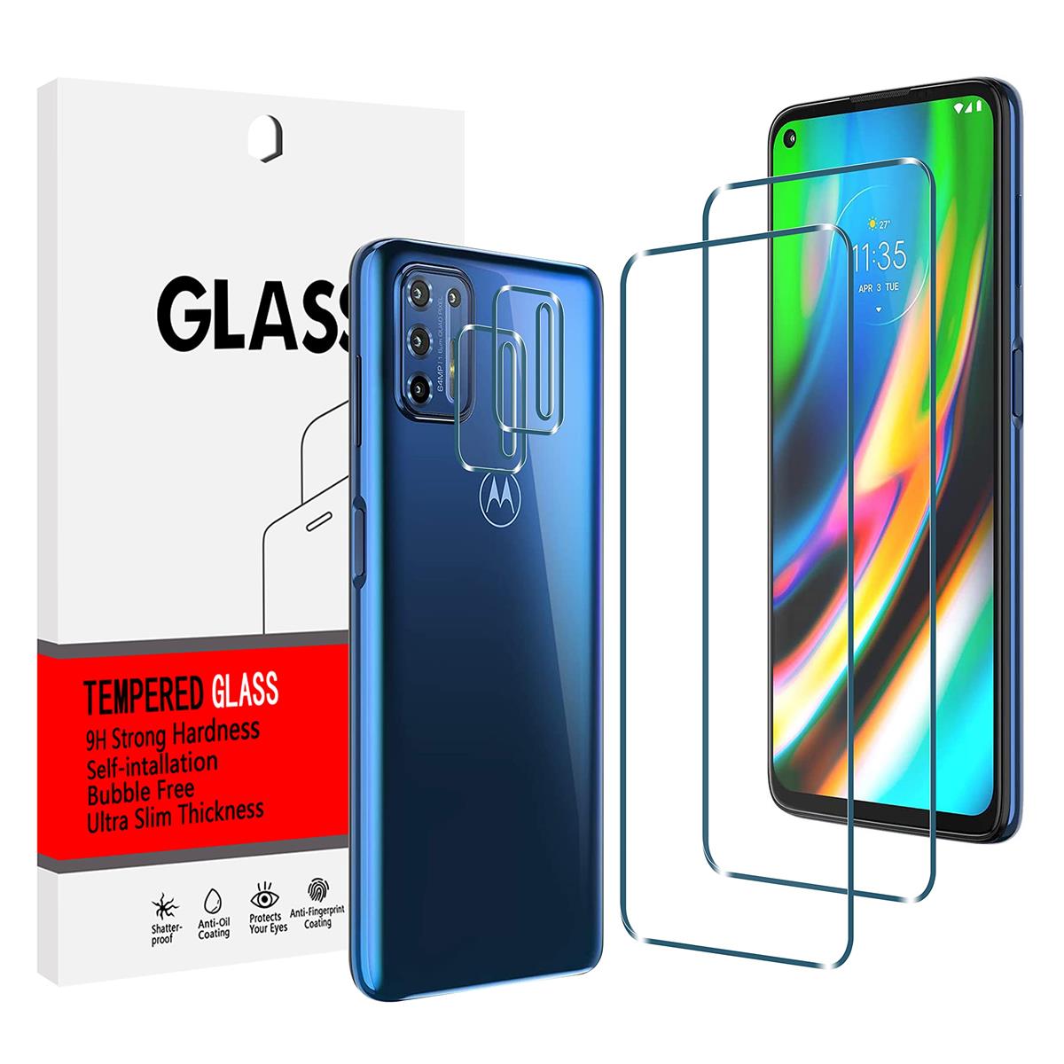 【2+2】Moto G9 Plus用スクリーンプロテクター2枚とカメラレンズプロテクター2枚 強化ガラスフィルム 厚さ0.3mm 硬度9H HDクリア 気泡防止 多くのケースに対応 傷防止 飛散防止 指紋防止