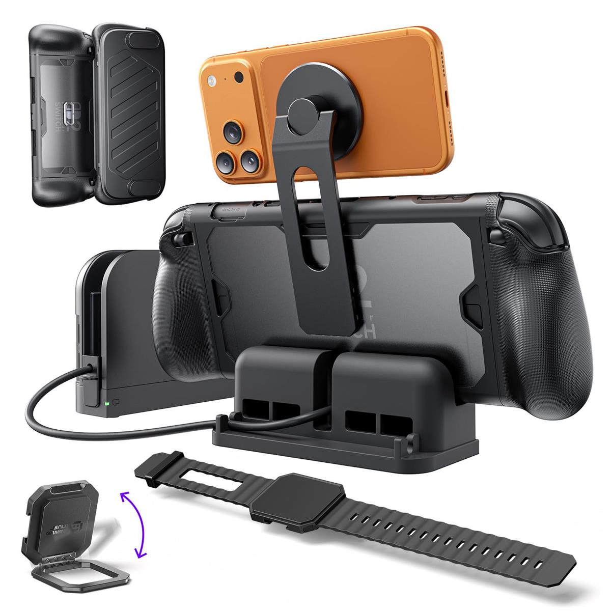JSAUX PC0121 Switch 2対応 モッドケース｜360°全面保護 背面シェル＋フロントカバー＋メタルキックスタンド＋シリコンストラップ＋ベーススタンド＋USB-C延長器＋磁気スマホマウント｜究極セット