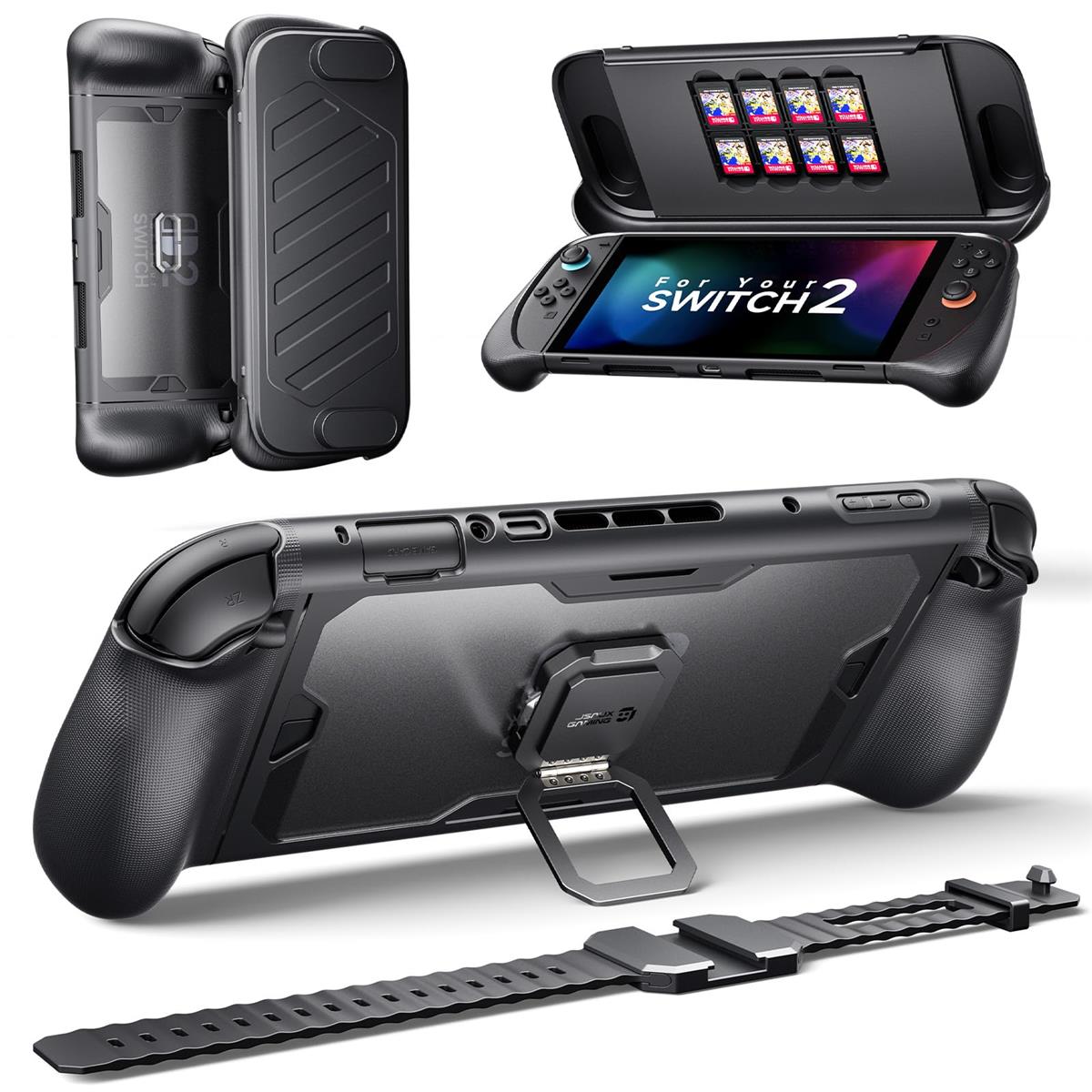 JSAUX PC0121 Nintendo Switch 2対応 保護ケース｜360°全面保護 ModCase 背面シェル+前面カバー+金属キックスタンド+シリコンストラップ付、人間工学に基づく滑り止めグリップ ｜衝撃吸収＆傷防止｜基本セット
