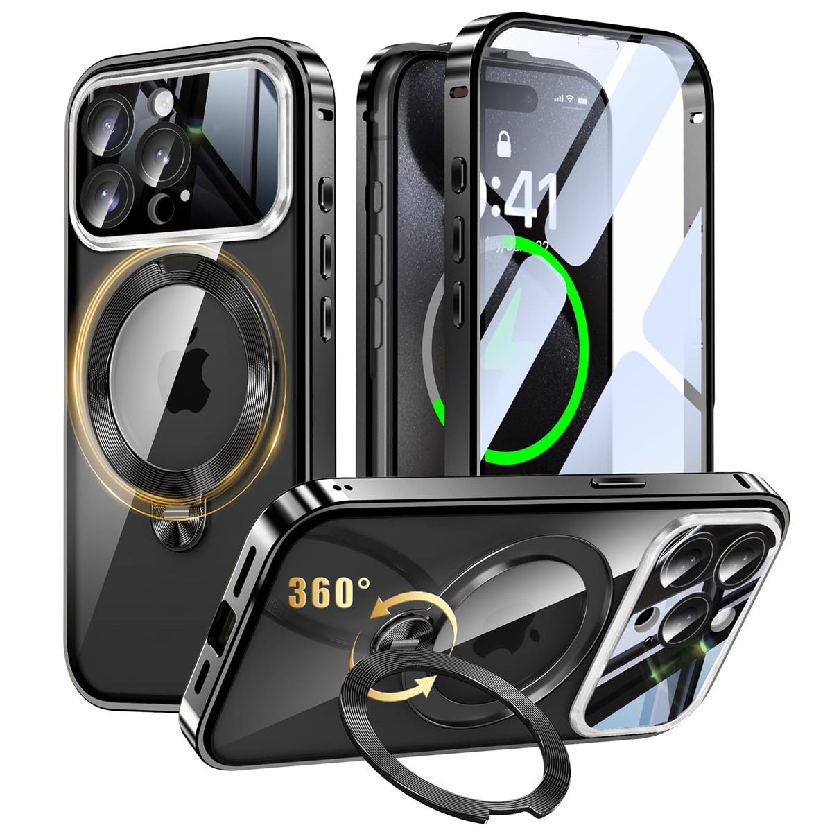 iPhone 15 Pro Max 用 両面 MagSafe対応 ケース アイフォン15プロマックス フルカバー 【90°確実に自立 × 360°回転】 ゼンマイ式スタンド 縦横多角度 Uovon スマホケース アイホン15プロマックス 全面保護 カバー ガラス CD紋リングスタンド ワイヤレス充電 車載ホルダー