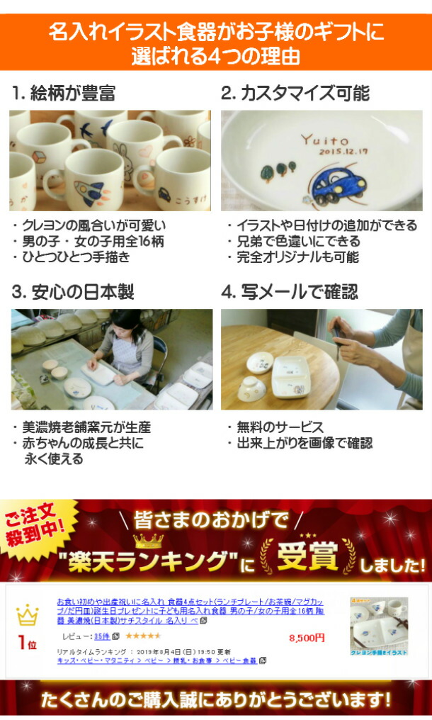 お食い初めや出産祝いに名入れ食器 4点セット ランチプレート お茶碗 名前入り食器 マグカップ だ円皿 誕生日プレゼントに名入れ子供用食器 男の子 女の子用名入れ陶器 名入り 出産祝い 日本製 サチスタイル 名入り ベビー食器 兄弟お揃いのお祝い 名前入り子ども食器
