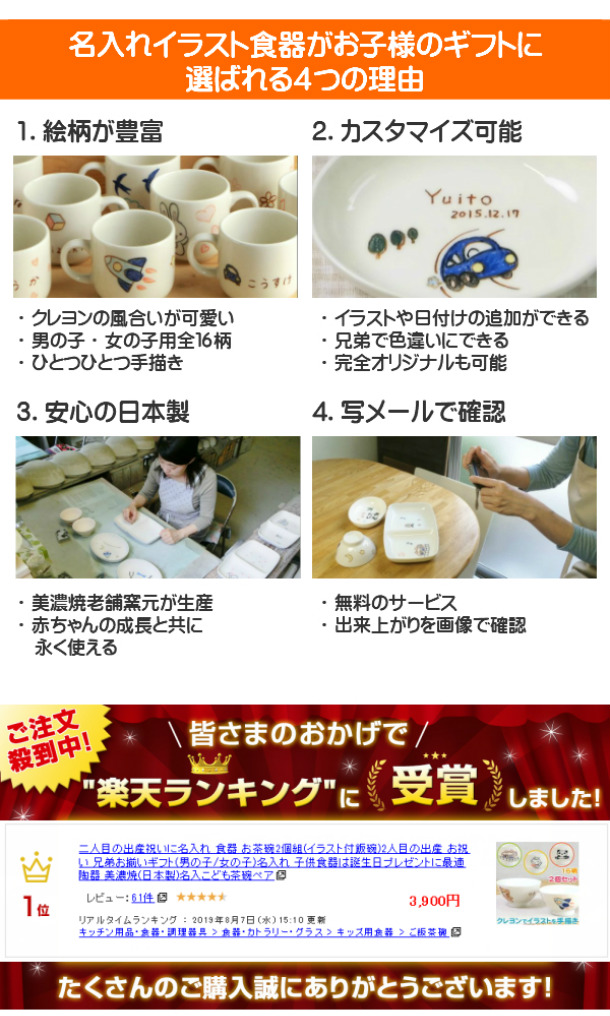 楽天市場 二人目の出産祝いに名入れ食器 お茶碗2個組 イラスト付飯碗 ２人目の出産 お祝い 兄弟お揃いギフト 男の子 女の子 名入れ 子供用食器は誕生日プレゼント 名入れ陶器 日本製 こども茶碗ペアセット サチスタイルの名前入り 子ども食器 双子 名入りベビー キッズ