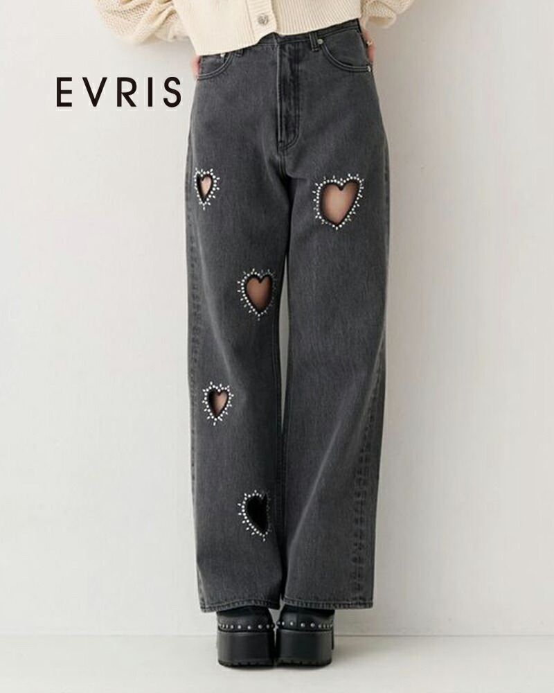EVRIS エヴリス ビジューハートカッティングワイドデニムパンツ 372622400801